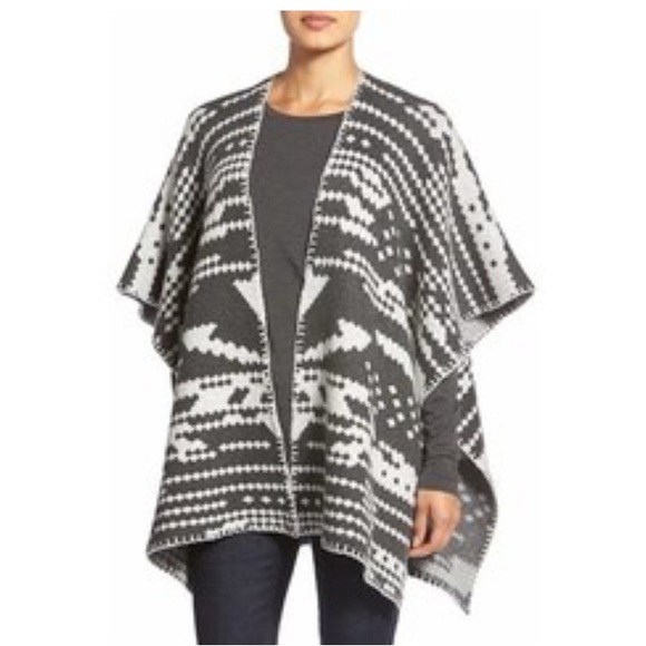 White + Warren wool blend Charcoal Gray and Heather gray  Patterned Poncho - Picture 2 of 9